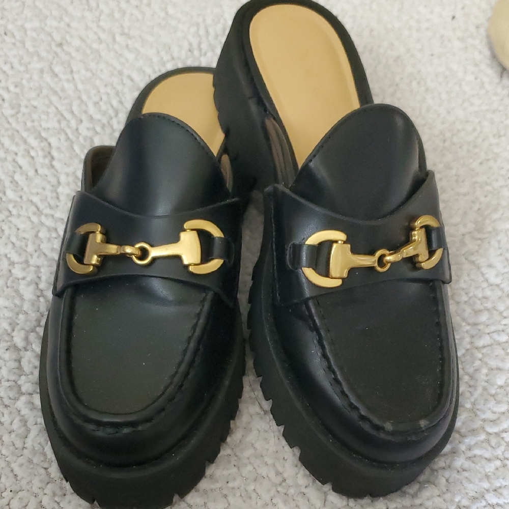 Black and Gold Mule Clogs with Horsebit Detail